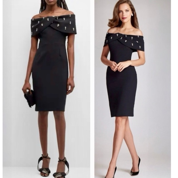 Rickie Freeman For Teri Jon Off-Shoulder Jewel-Embellished Crepe Midi Dress NEW - Picture 2 of 15
